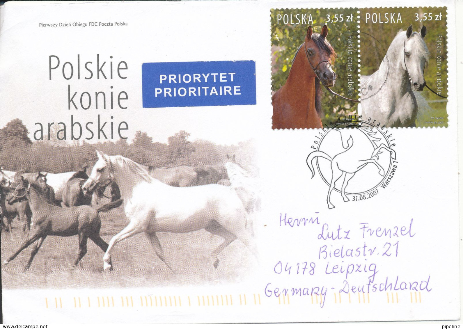 Poland FDC 31-8-2007and Sent To Germany 29-5-2008 HORSES - Covers & Documents