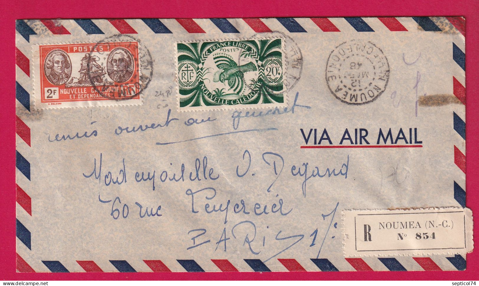 NOUMEA NOUVELLE CALEDONIE 1948 RECOMMANDE POUR PARIS LETTRE - Lettres & Documents