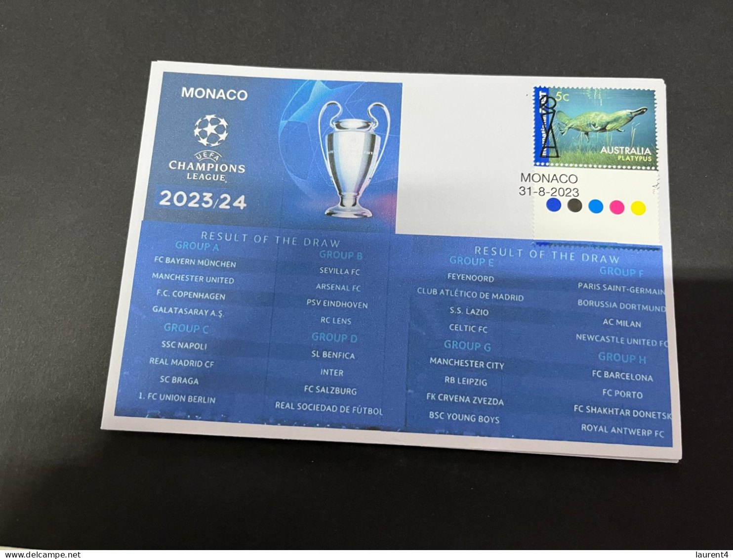 5-9-2023 (4 T 17) Football -  Champions League 2023-24 Draw Announced From Monaco (with Flower OZ Stamp) - Andere & Zonder Classificatie