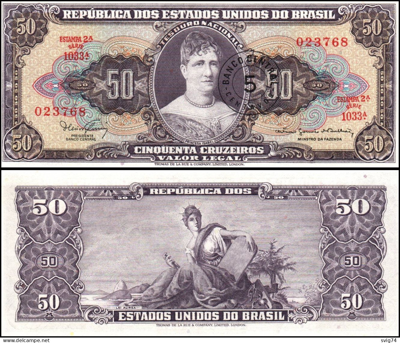 Brazil 5 CENTAVOS ON 50 CRUZEIROS 1967-8 Pick 184a - Brésil