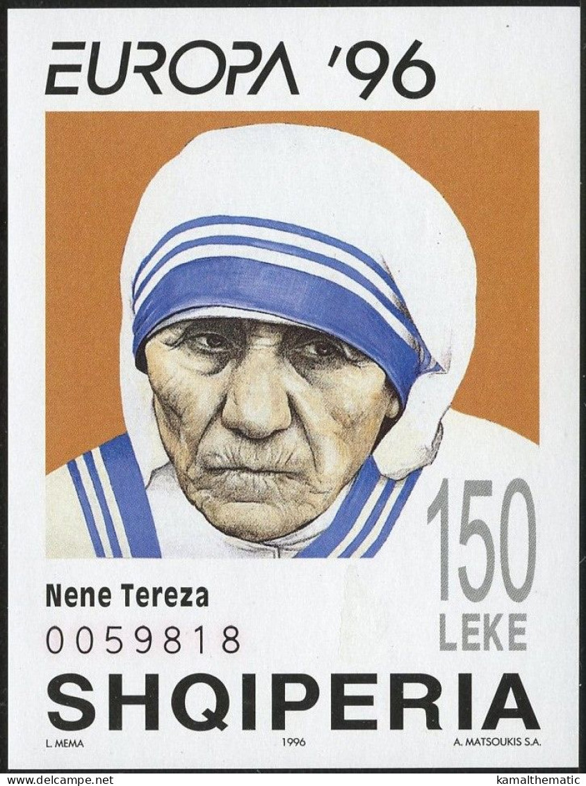 Albania 1996 MNH Imperf MS No Gum, Mother Teresa Nobel Winner, Europa CEPT - Mère Teresa