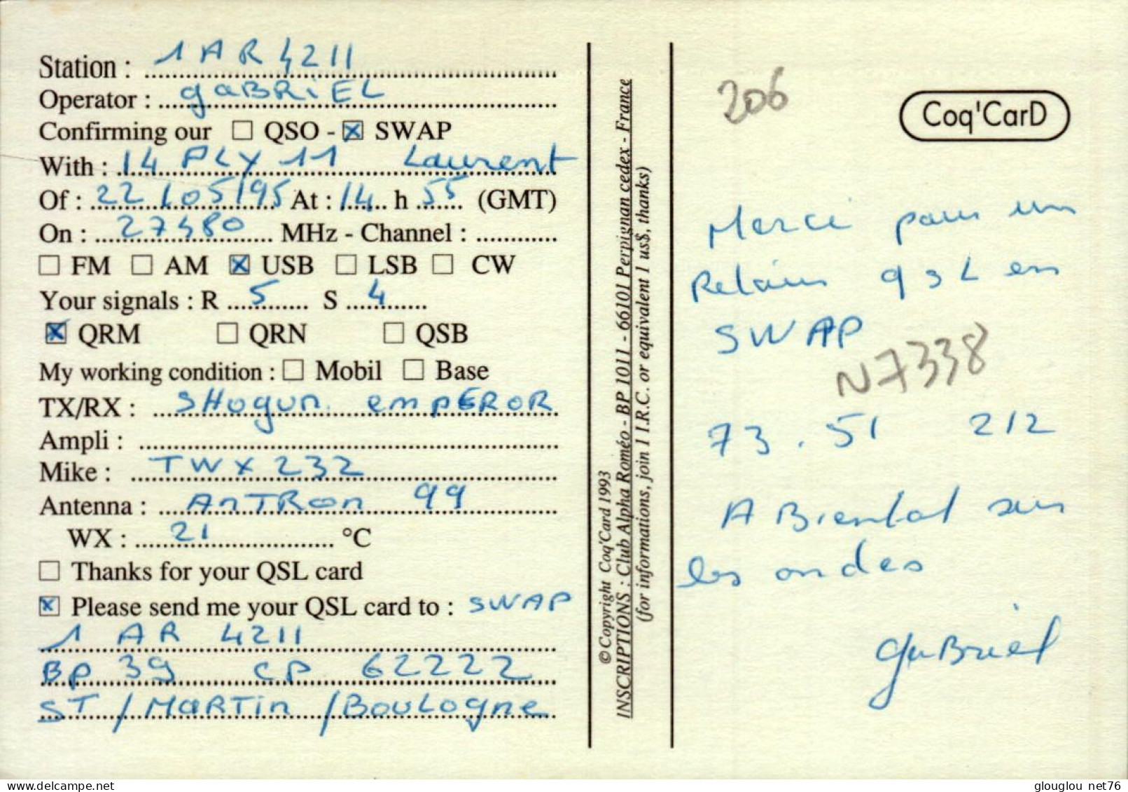 CARTE QSL..FROM FRANCE..73,55  .1995 - Radio