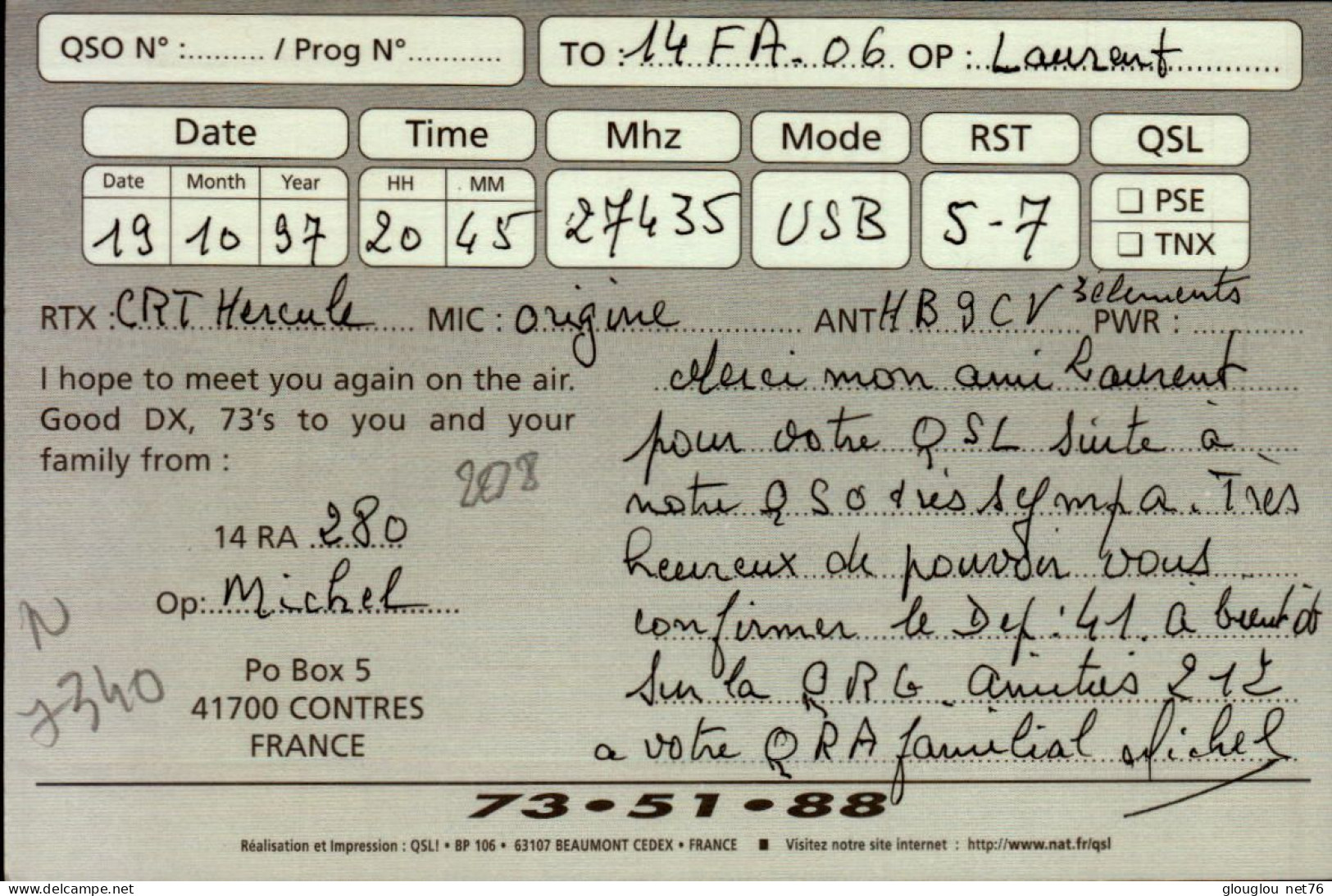 CARTE QSL..RADIO ALPHE INTERNATIONAL GROUP..DIVISION FRANCE  CQ ZONE 14  .1997 - Radio