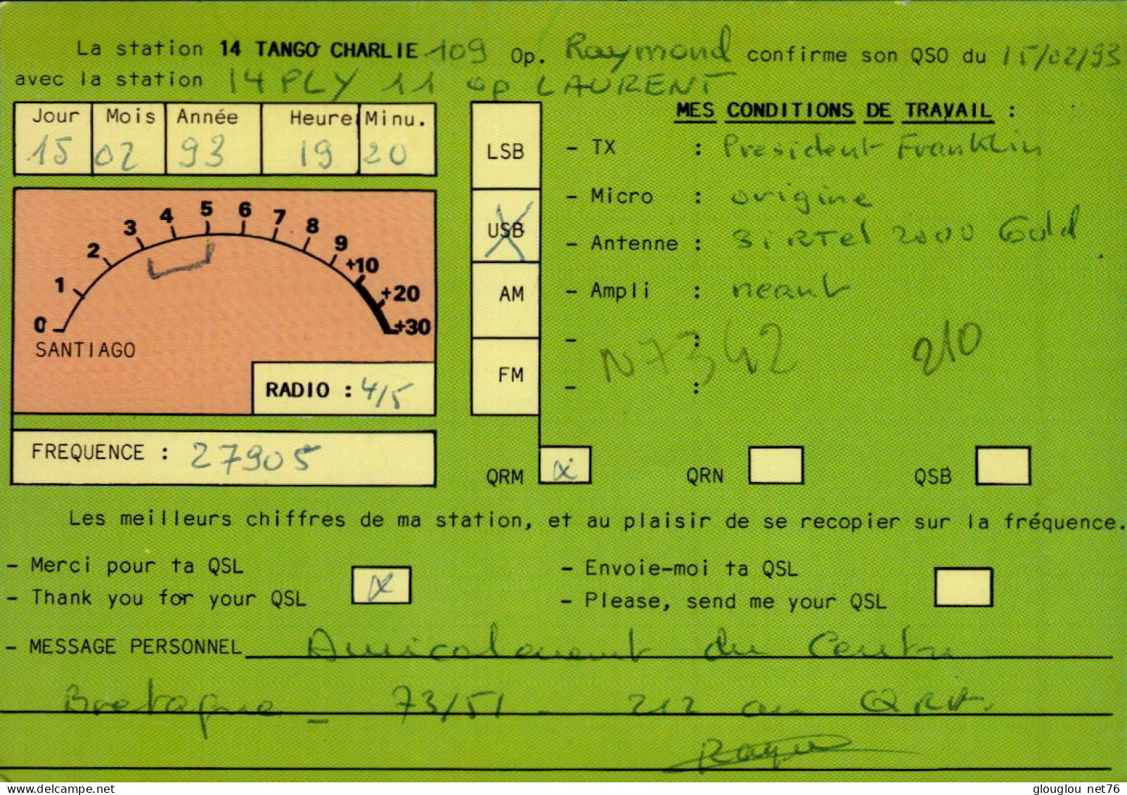 CARTE QSL.. FRANCE  GROUPE DX..TANGO CHARLIE  COGNAC (16)  .1993 - Radio