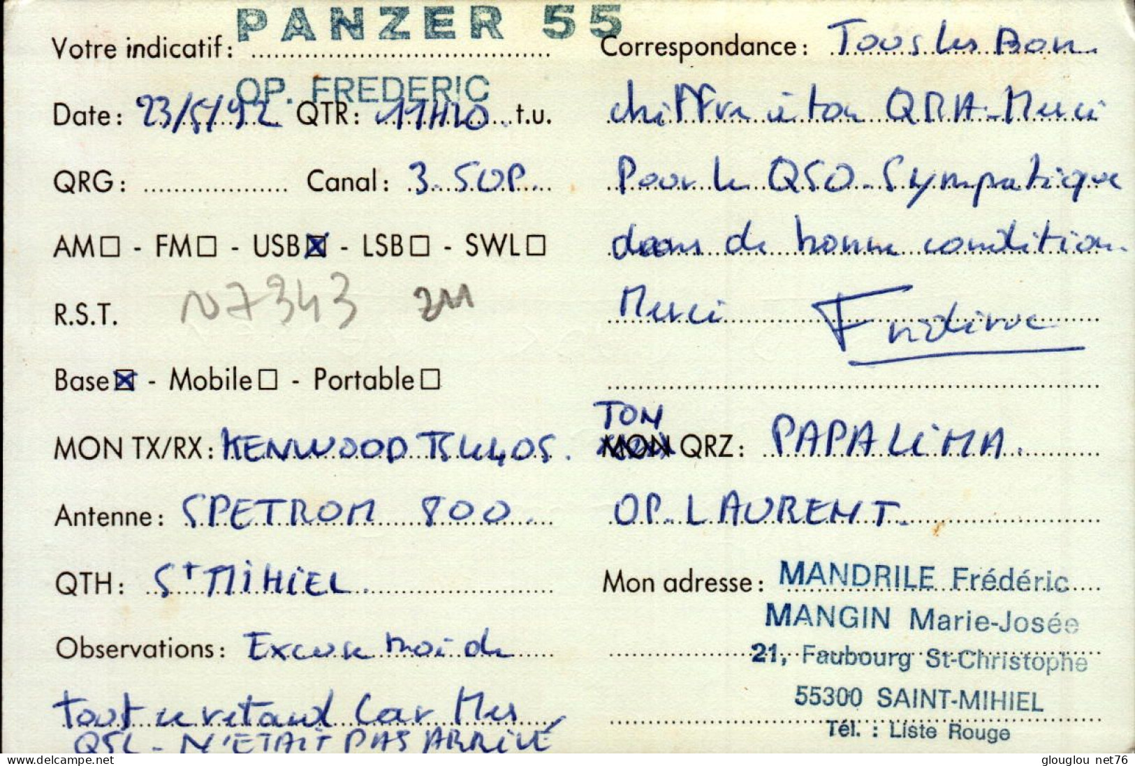 CARTE QSL.. FRANCE  PANZER 55  ST-MIHIEL..DX 14 FOX  TROT MIKE 136  .1992 - Radio