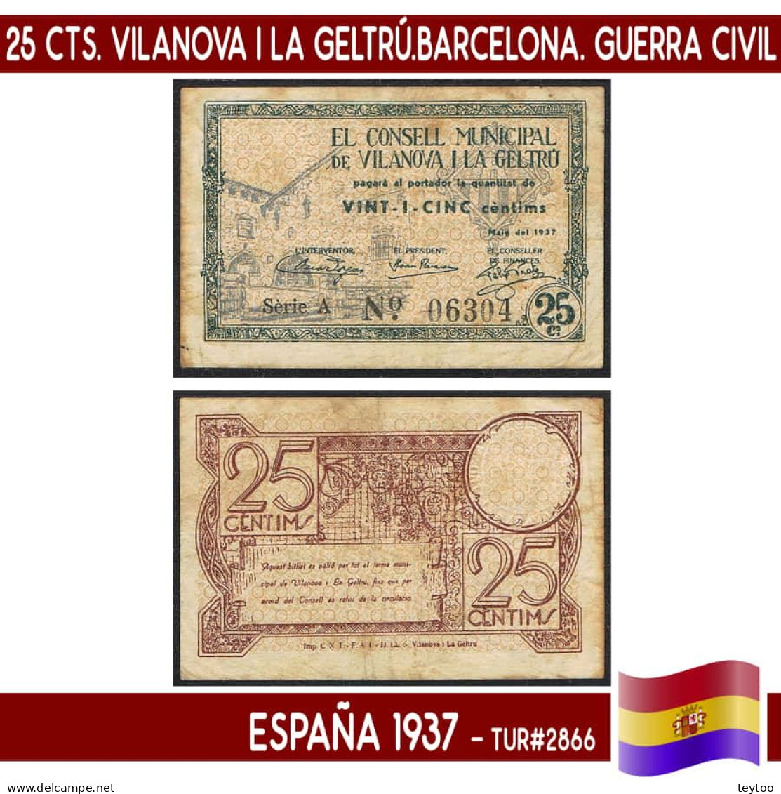 C0847.1# España 1937. 25 Cts. Vilanova I La Geltrú (Barcelona) (VF) TUR#2866 - 1-2 Pesetas