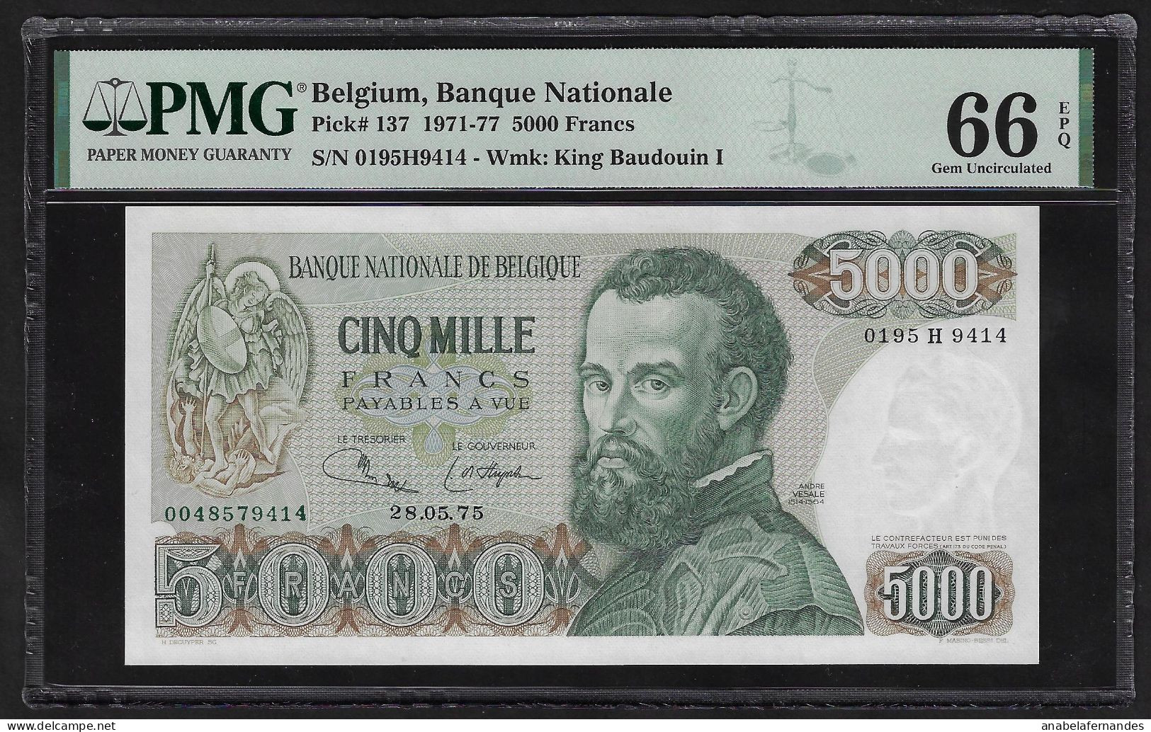 BELGIUM 5000 FRANCS 1975 P-137 GEM UNC PMG 66 - 5000 Francs