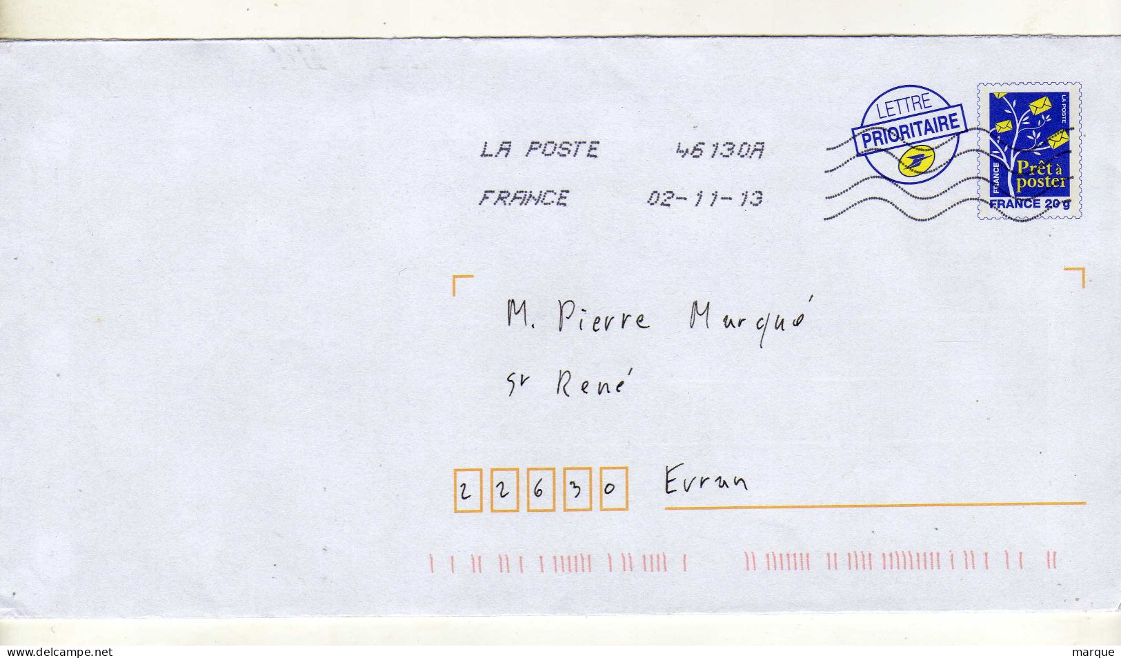 Enveloppe FRANCE Prêt à Poster Lettre Prioritaire Oblitération LA POSTE 46130A 01/11/2013 - PAP: Ristampa/Logo Bleu