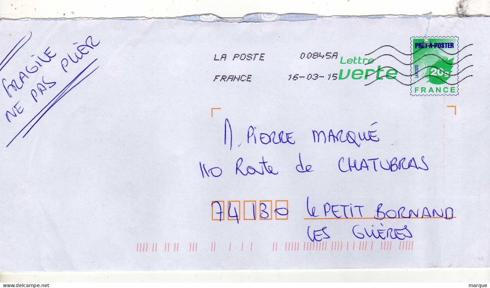 Enveloppe FRANCE Prêt à Poster Lettre Verte Oblitération LA POSTE 00845A 16/03/2015 - Prêts-à-poster:  Autres (1995-...)