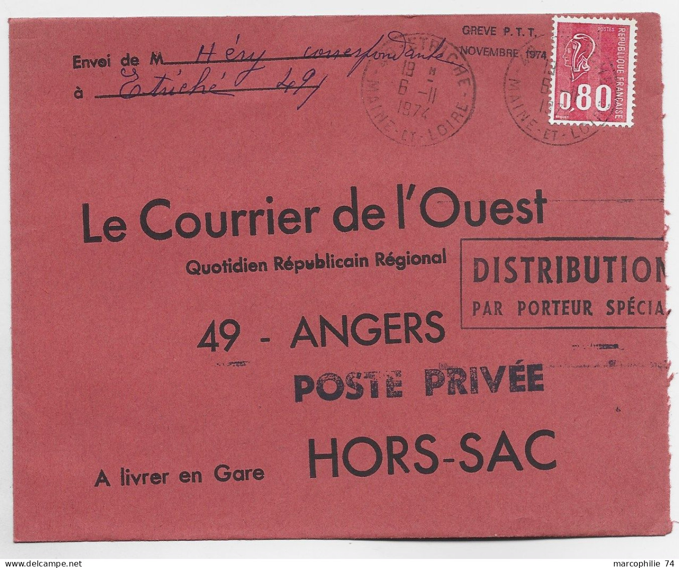 FRANCE BEQUET 80C SEUL 49 ETRICHE 6.11.1974 MAINE ET LOIRE LETTRE HORS SAC + PAR PORTEUR + GREVE PTT 1974 - Dokumente