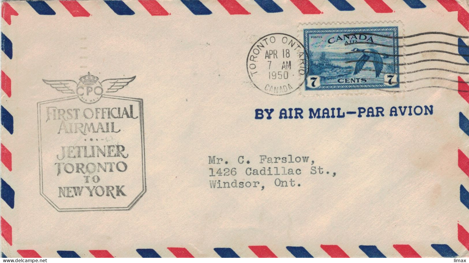 Toronto Ontario 1950 > Windsor - Wildgans Flugpost Jetliner Toronto - New York - Cartas & Documentos
