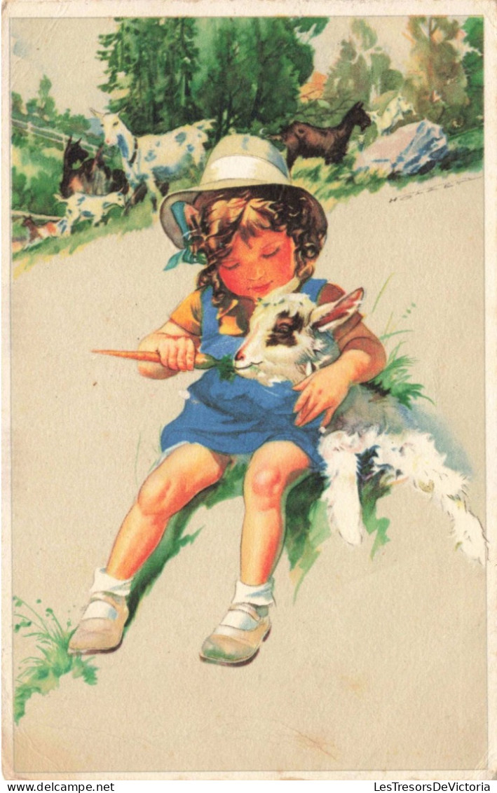 Enfants - Un Enfant Donnant Une Carotte à Une Chèvre -   Carte Postale Ancienne - Children's Drawings