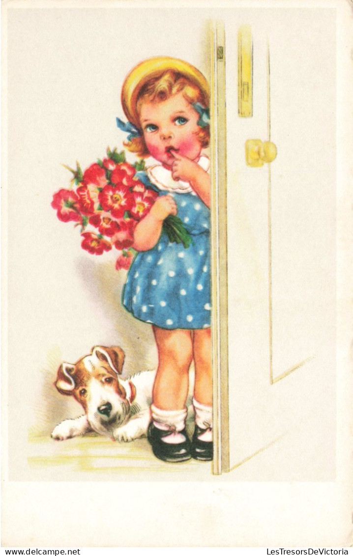 Enfants - Un Enfant Derrière Une Porte Avec Un Bouquet De Fleurs Et Son Chien -   Carte Postale Ancienne - Dibujos De Niños