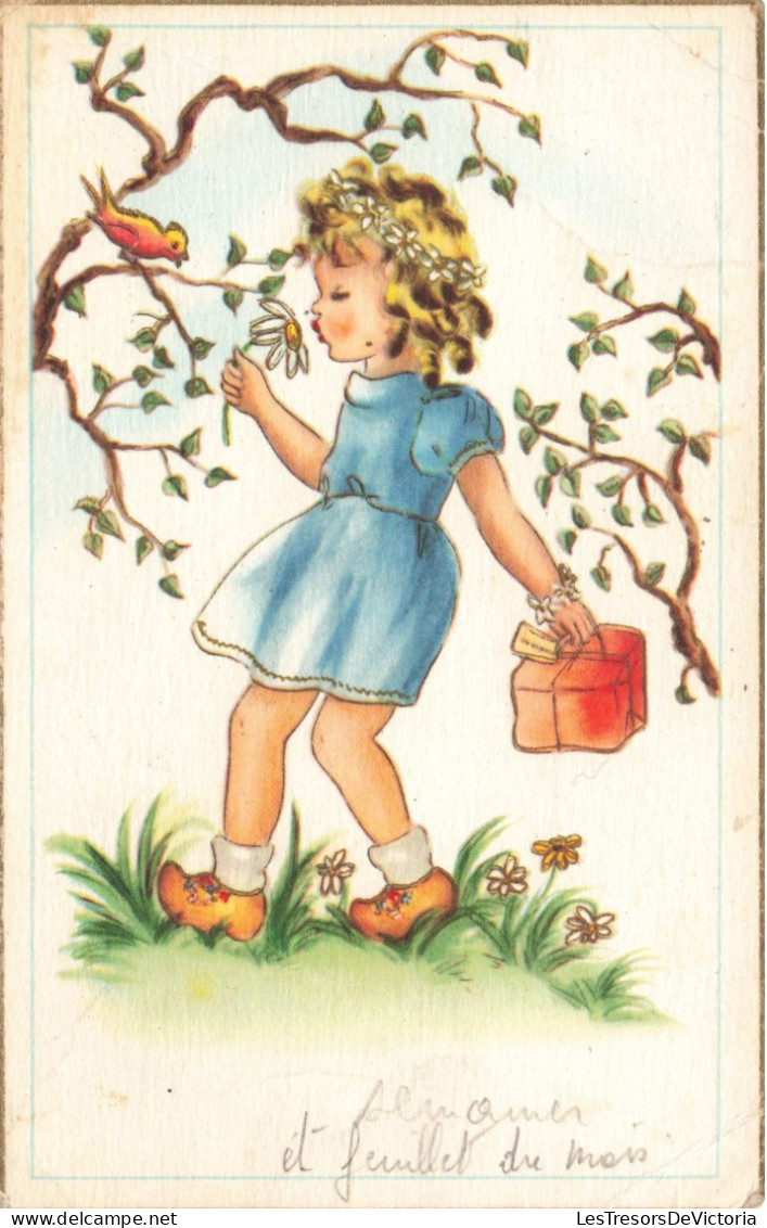 Enfants - Petite Fille Tenant Un Paquet - Marguerite - Oiseau -  Carte Postale Ancienne - Disegni Infantili