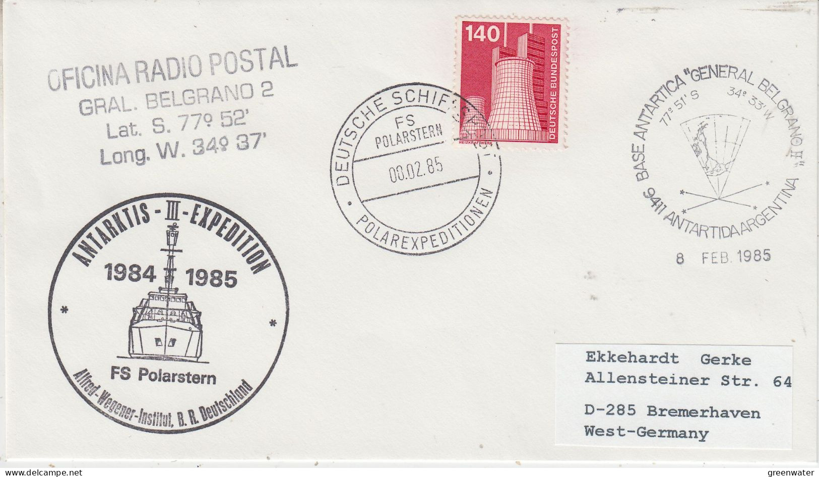 Germany  FS Polarstern Ca Officina Radio Postal Gral. Belgrano Ca 8 FEB 1985 (ET202A) - Bases Antarctiques