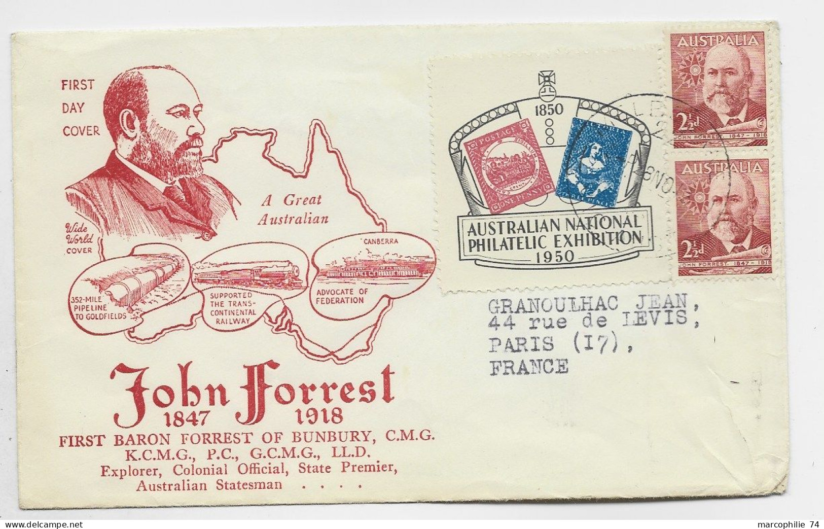 AUSTRALIA 2 1/2D PAIRE LETTRE COVER JOHN FORREST FIRST BARRON 1847 1918 FDC  MELBOURNE 1950 TO FRANCE - Lettres & Documents