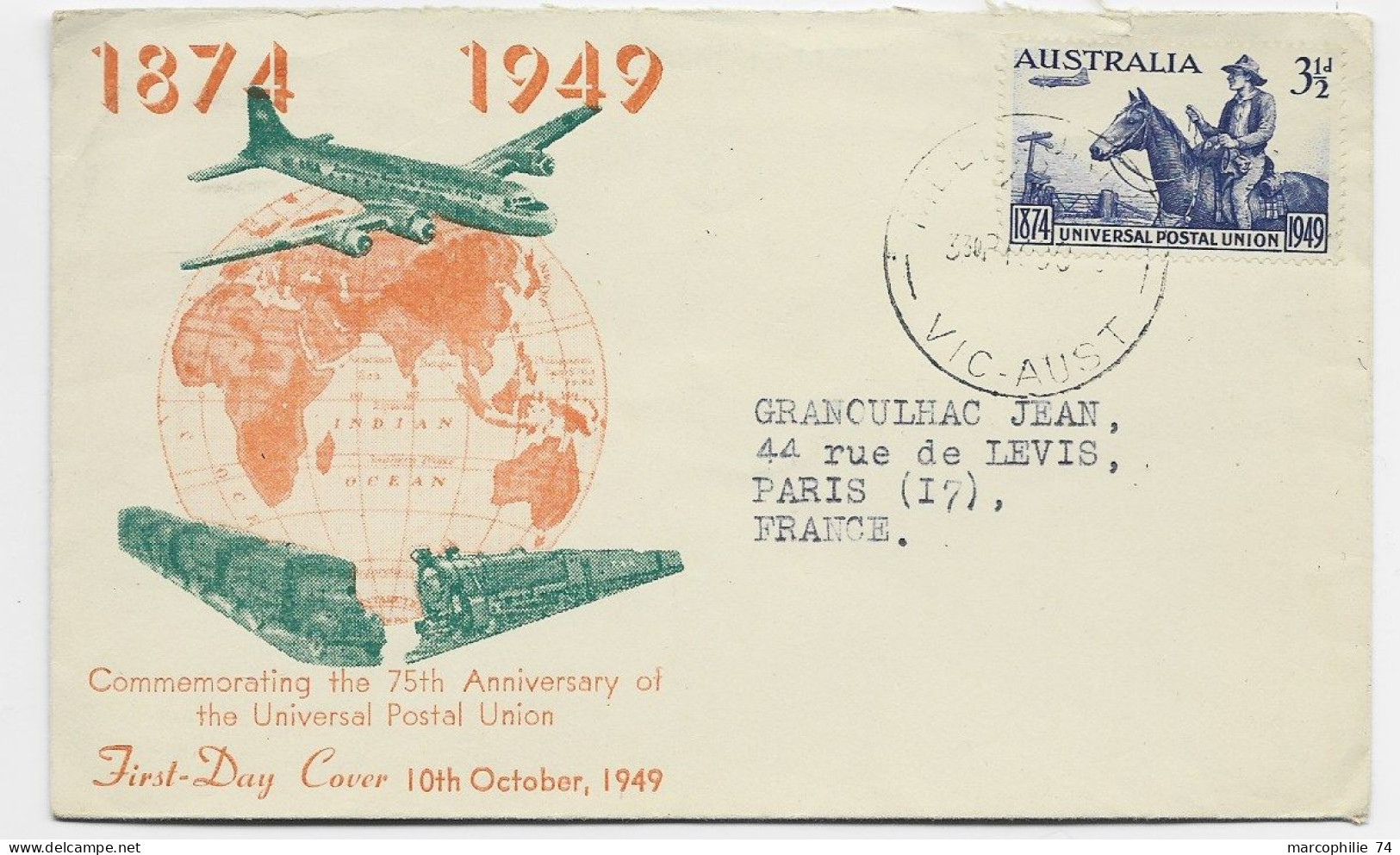 AUSTRALIA 3 1/2D  UPU SOLO LETTRE COVER FDC 1874 1949 TO FRANCE - Briefe U. Dokumente