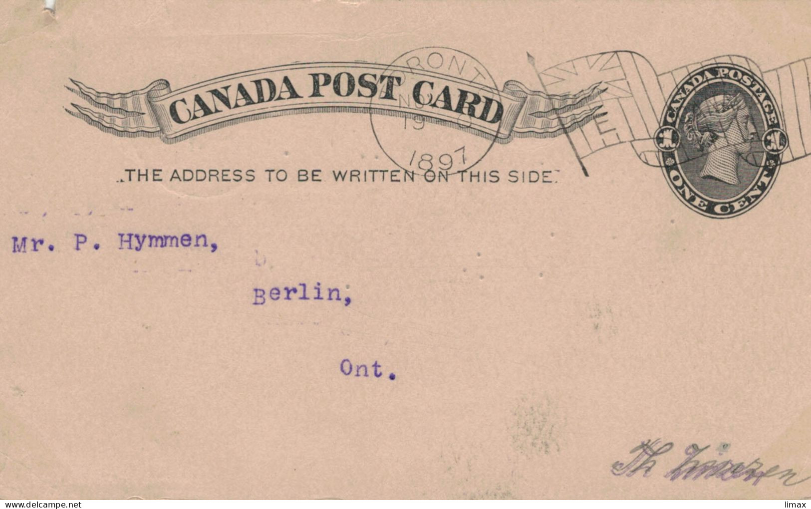 Ganzsache Victoria 1c - Toronto 1897 > Berlin Ontario - Union Jack Bickerdike Maschinenstempel - 1860-1899 Reinado De Victoria