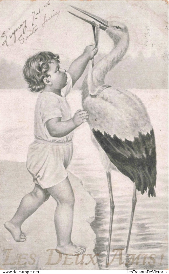 Enfants - Un Bébé Avec Une Cigogne - Les Deux Amis - Carte Postale Ancienne - Dessins D'enfants