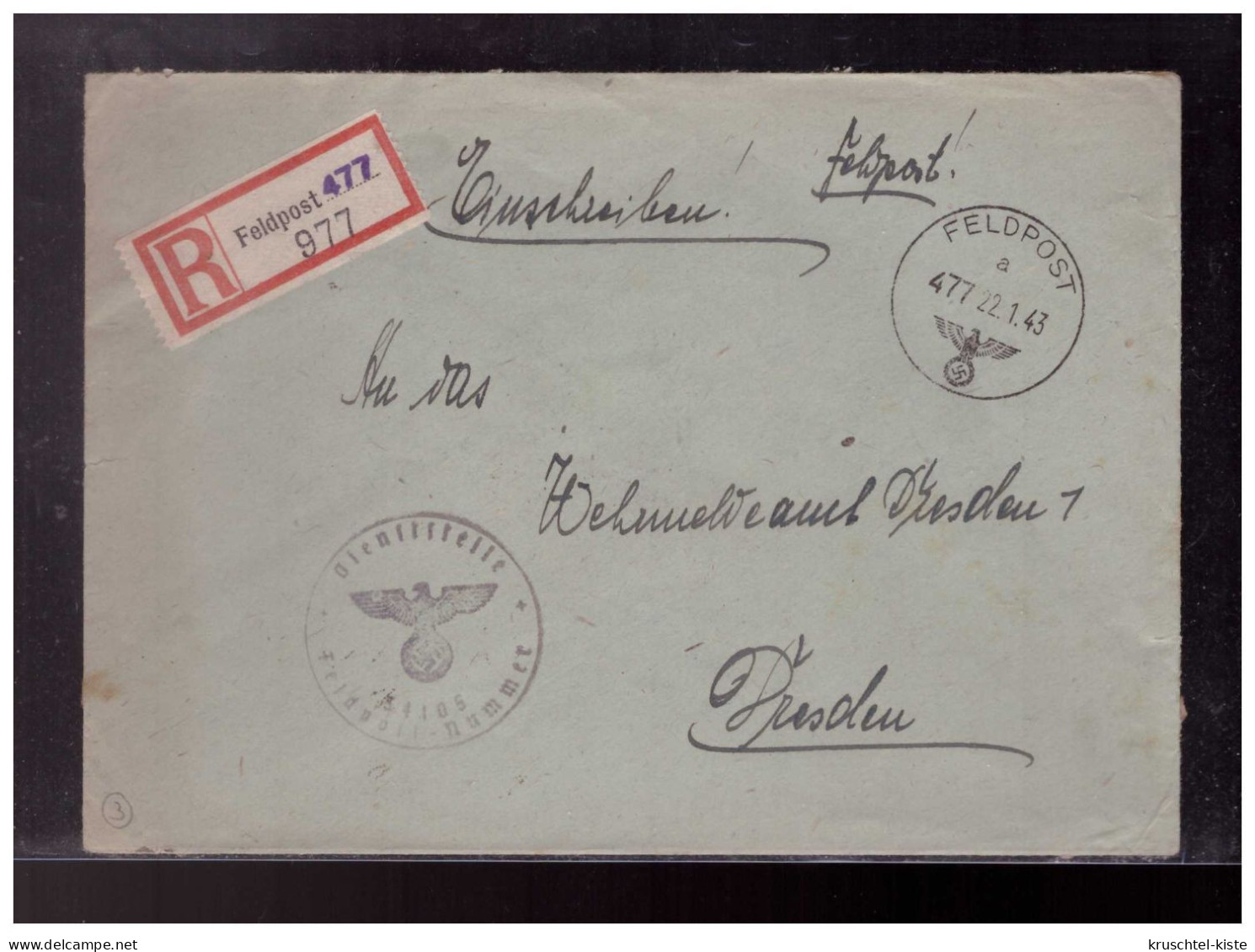 Dt- Reich (023155) Felpostbrief Stummer Stempel Feldpostnummer Mit Kenn Nr. Da Einschreiben Gelaufen 1/ 43 - Feldpost 2e Wereldoorlog