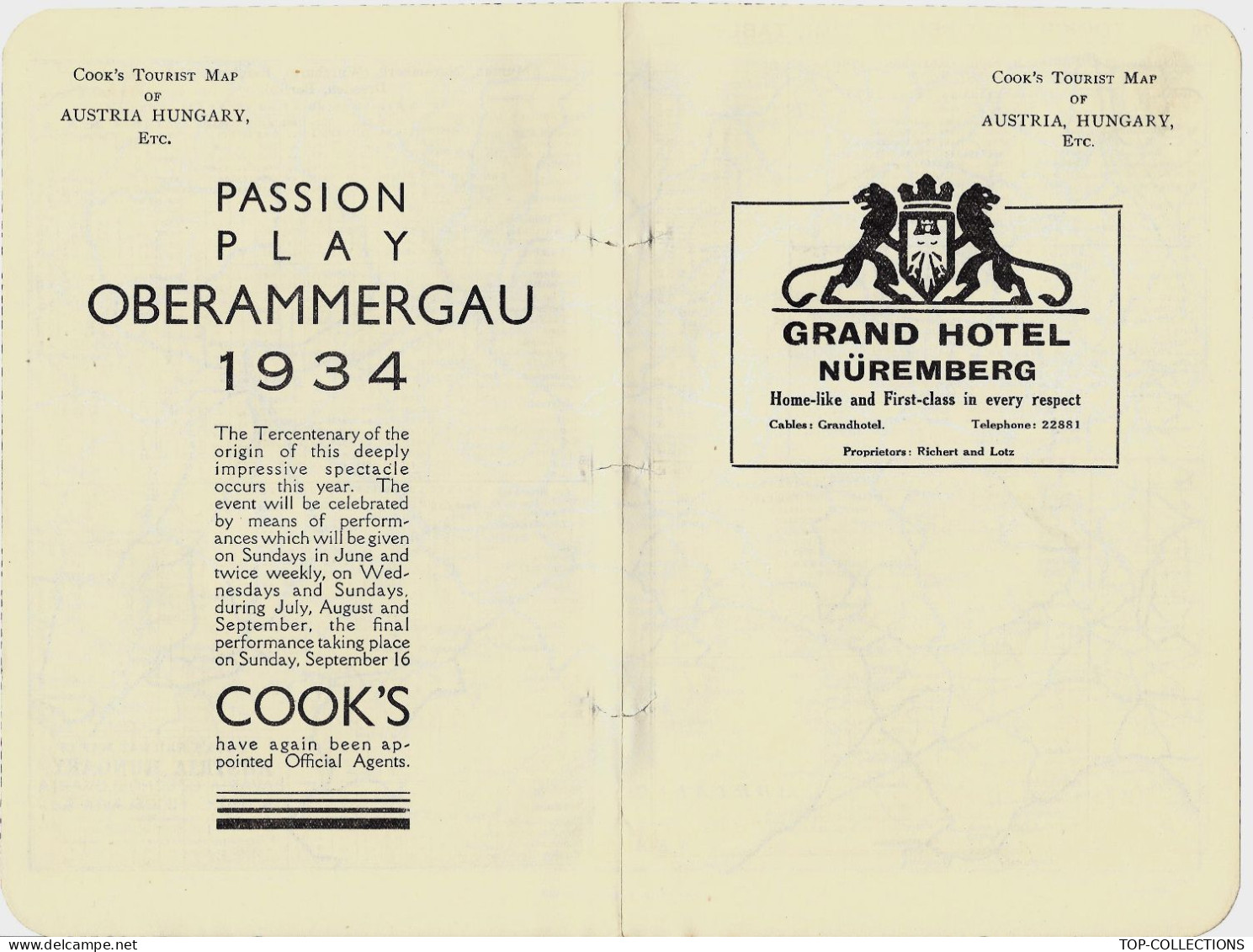 1934  CARTE GEOGRAPHIQUE ENTETE COOK TOURIST MAP AUSTRIA HUNGARY  Grand Hotel Nuremberg  V.SCANS - 1900 – 1949