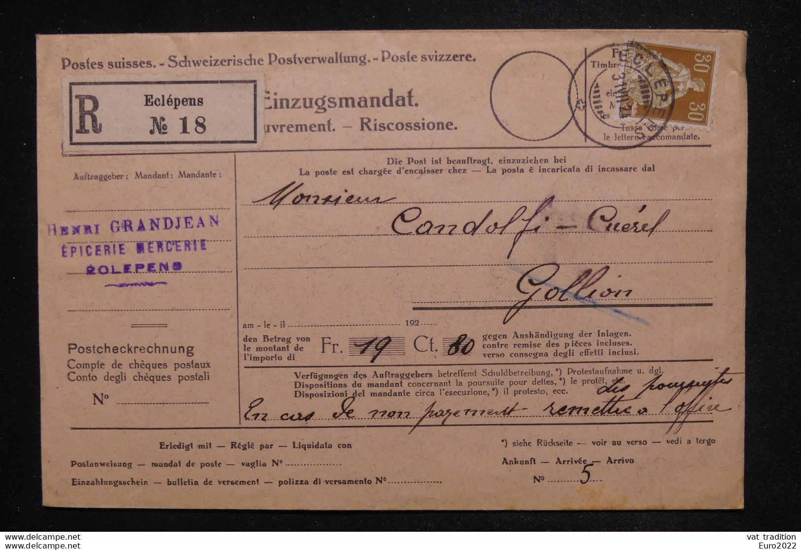 SUISSE - Carte De Recouvrement De Eclépens Pour Gollion En 1924  (Epicerie Mercerie Grandjean) - Suisse