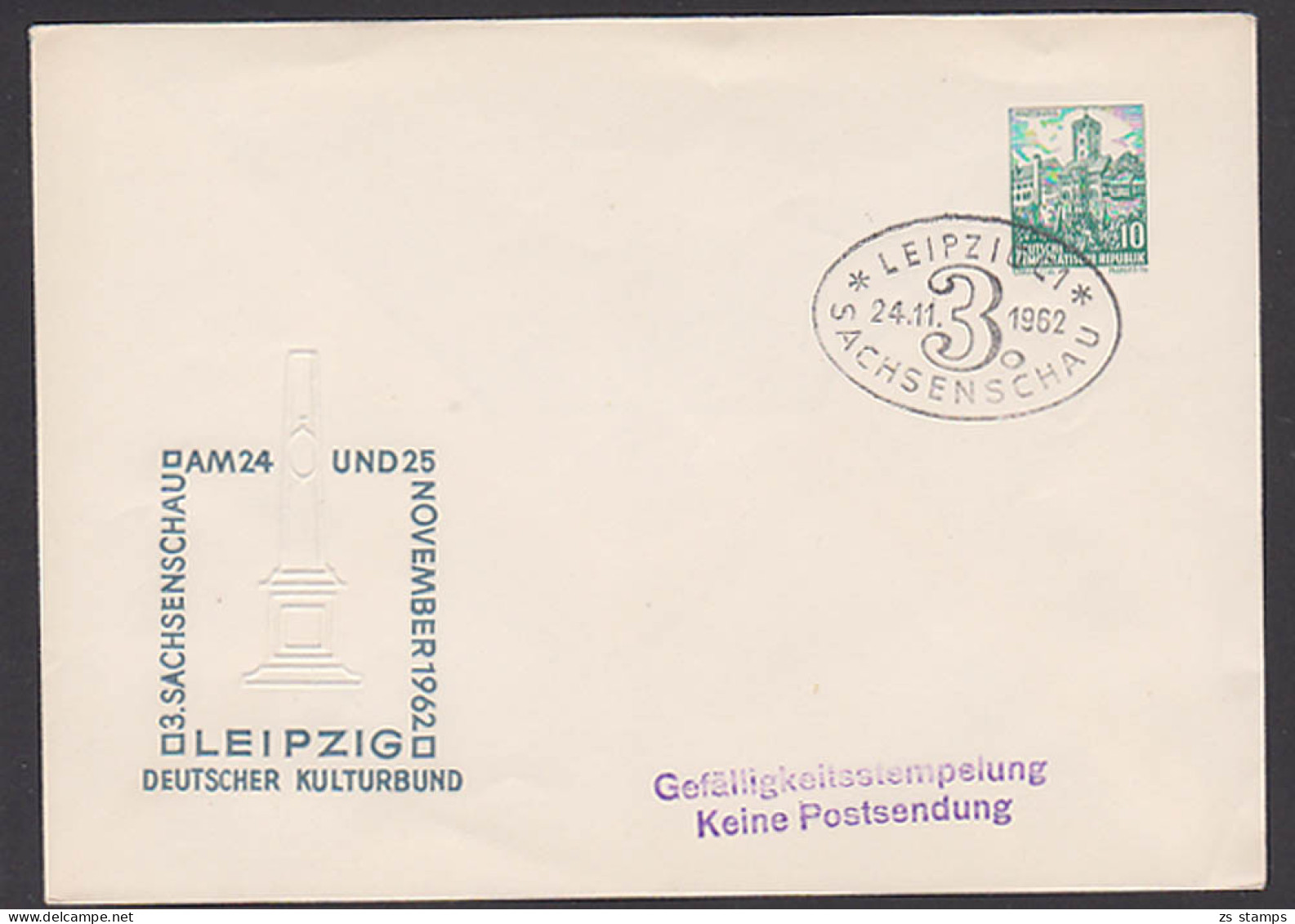 Leipzig 10 Pf. Wartburg, Ganzsache Ovaler SoSt. Sachsenschau 24.11.62, Postmeilensäule, Prägedruck - Sobres Privados - Usados