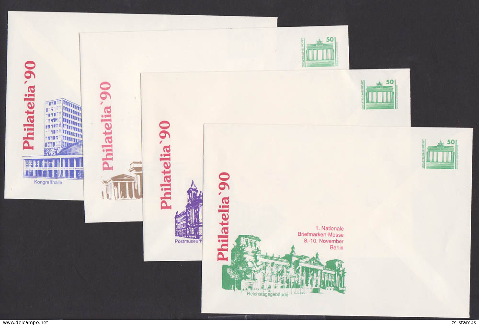 Berlin Philatelia 50 Pfg. Deutsche Post GA ** Zudruck Reichstagsgebäude, Postmuseum, Brandenburgr Tor, Kongreßhalle - Enveloppes Privées - Neuves