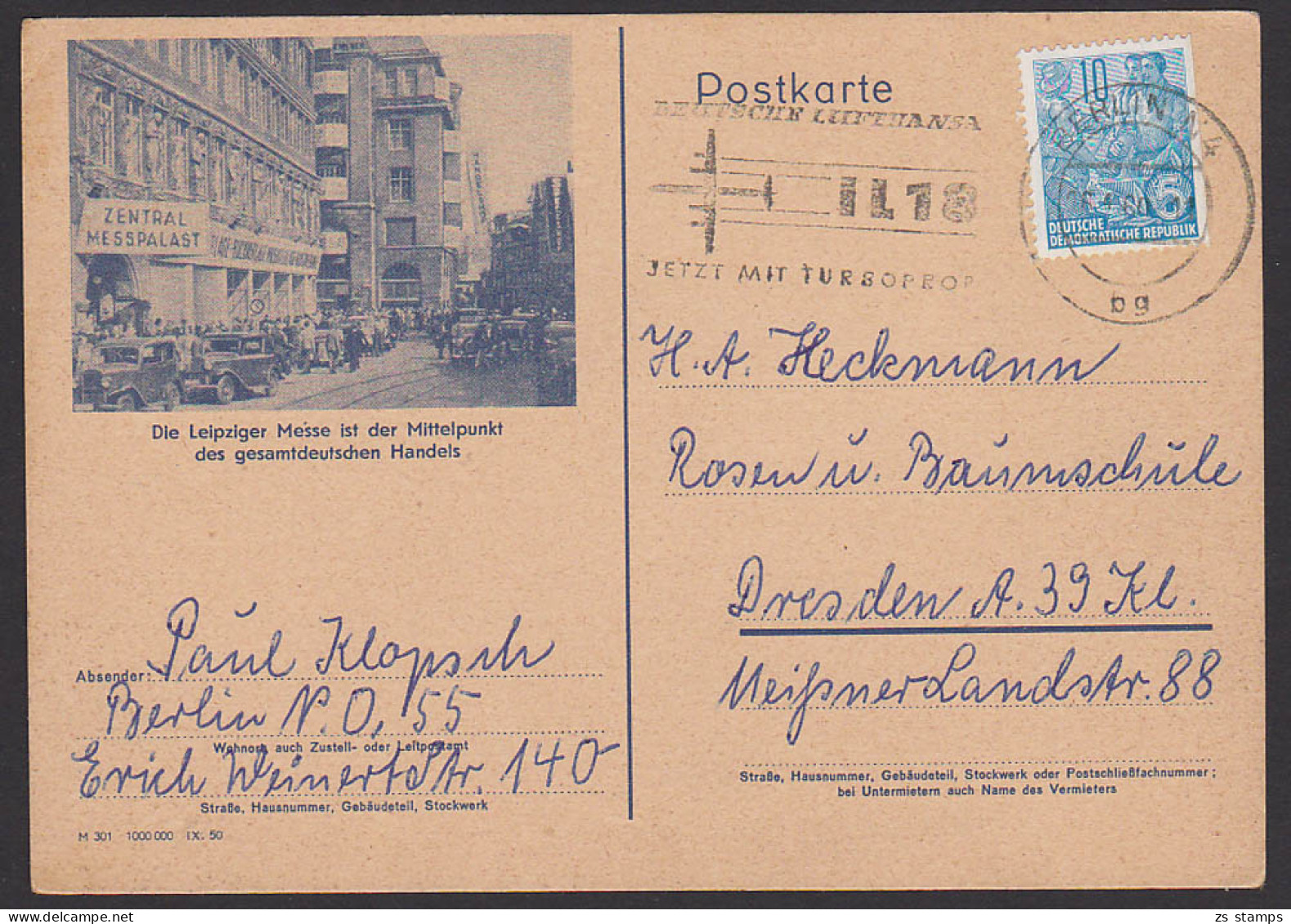 Bildpost-GA  DDR P47/03 Leipziger Messe, Nach Gültigkeitsende Als Formblatt Verwendet, MWSt. Berlin Deutsche Lufthansa - Postales - Usados