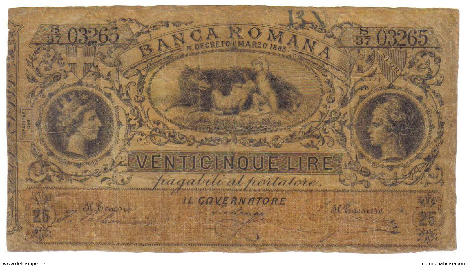 BANCA ROMANA 2° PERIODO 25 LIRE 1883 R3 RRR  Parte Dei Bordi Restaurati Taglio Verticale Ricongiunto Lotto.3111 - Unclassified