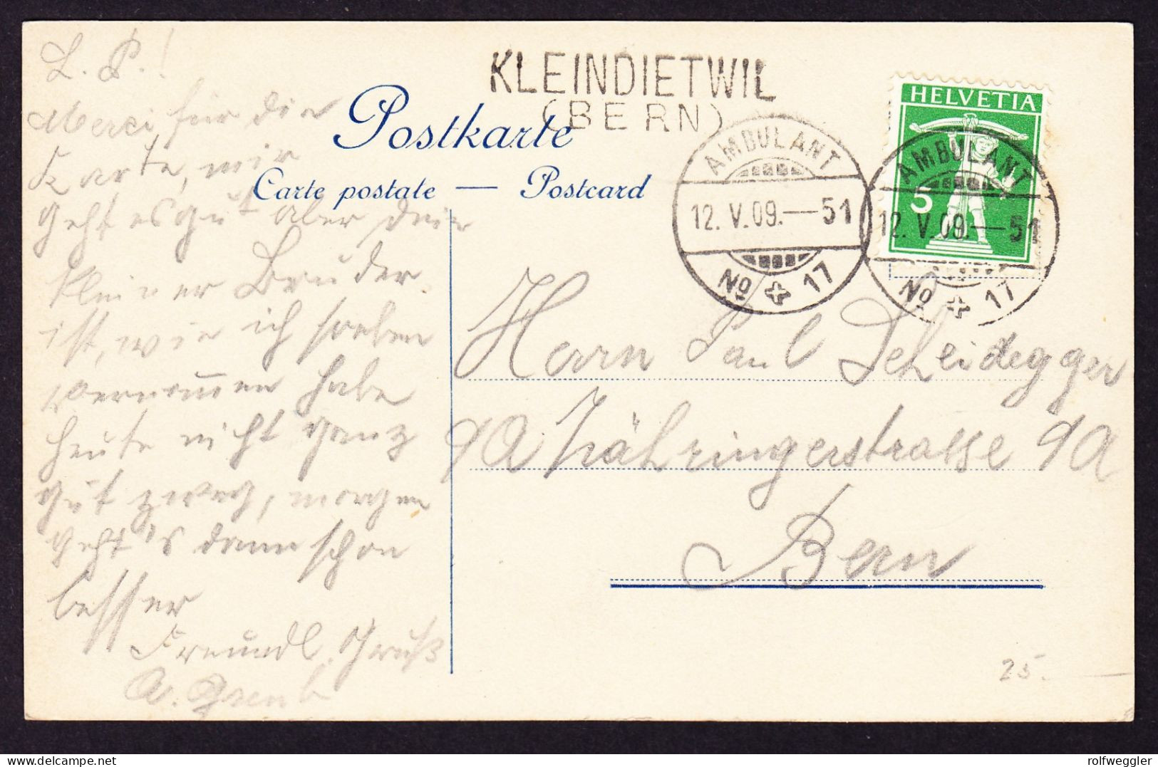 1909 Mit Bahnpost Gelaufene AK Zusatzstabstempel KLEINDIETWIL (Bern) - Spoorwegen