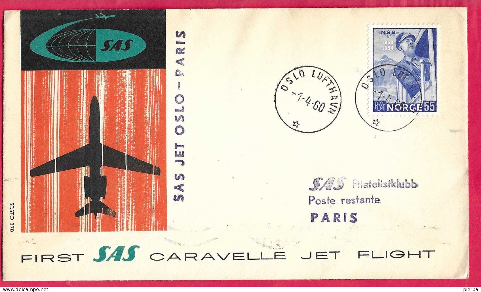 NORGE - FIRST CARAVELLE FLIGHT - SAS - FROM OSLO TO PARIS *1.4.60* ON OFFICIAL COVER - Cartas & Documentos