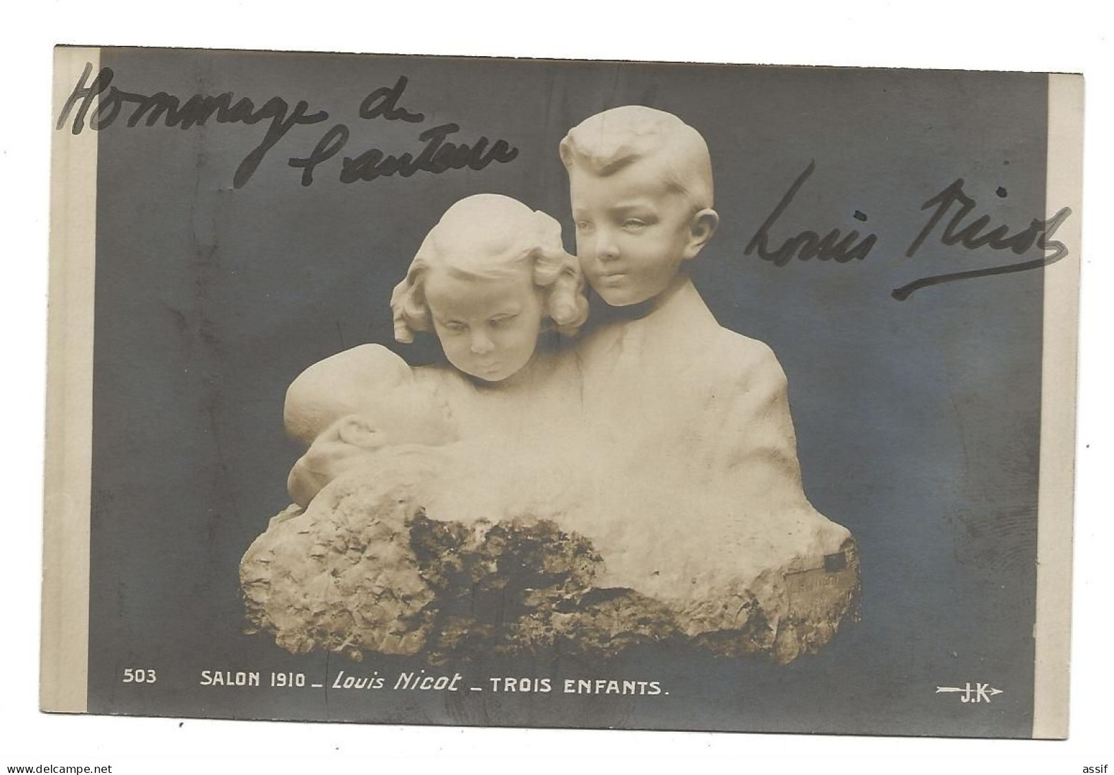 Louis Nicot Salon 1910 Trois Enfants Autographe - Sculpturen