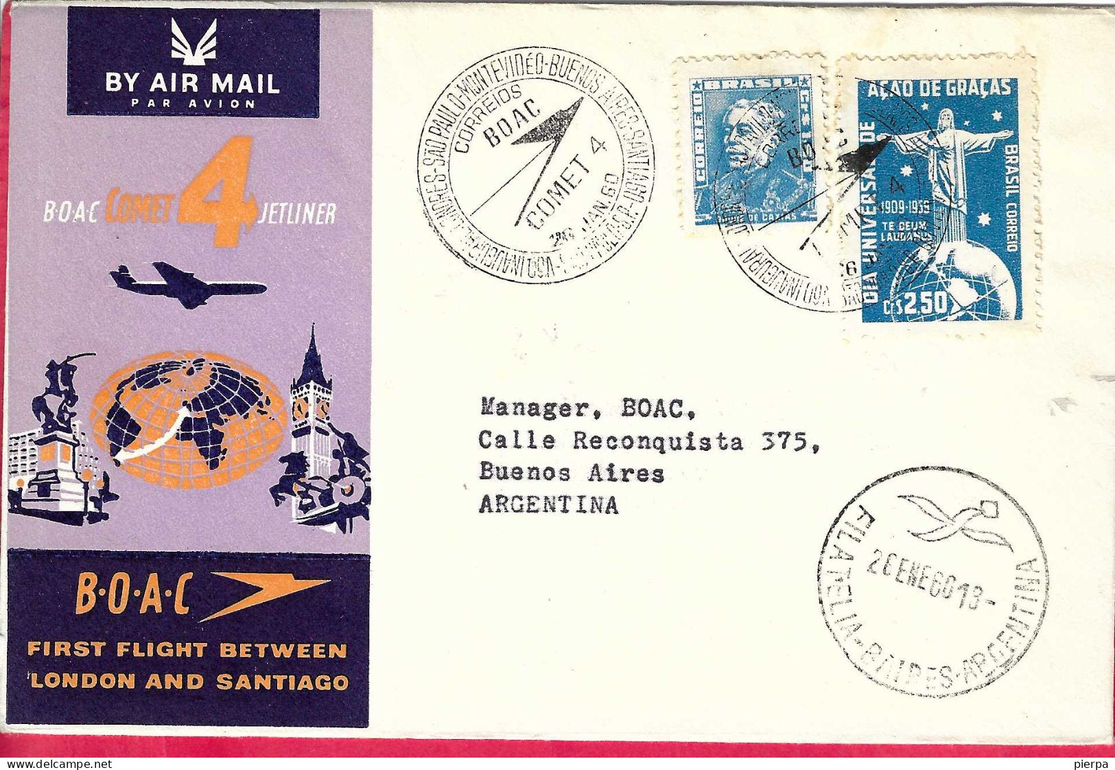 GREAT BRITAIN - FIRST FLIGHT B.O.A.C. WITH COMET4 FROM SAO PAULO TO BUENOS AIRES* 25.1.1960* ON OFFICIAL COVER - Cartas & Documentos