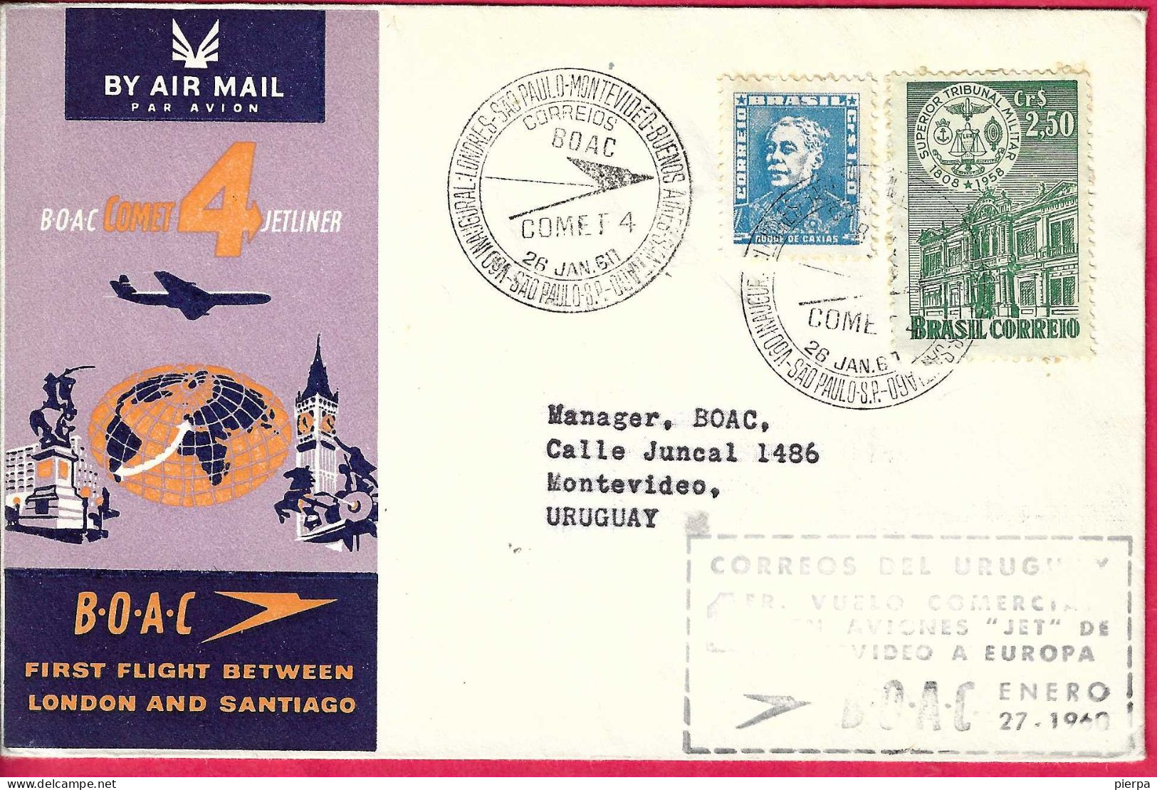 GREAT BRITAIN - FIRST FLIGHT B.O.A.C. WITH COMET4 FROM SAO PAULO TO MONTEVIDEO* 25.1.1960* ON OFFICIAL COVER - Cartas & Documentos