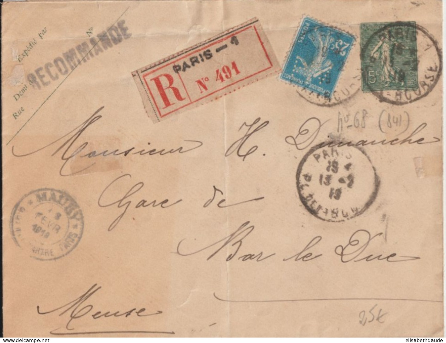 1919 - ENV. ENTIER POSTAL SEMEUSE RECOMANDEE Avec PERFORE "MA" De MAURY à PARIS - RARE ENSEMBLE - Storia Postale