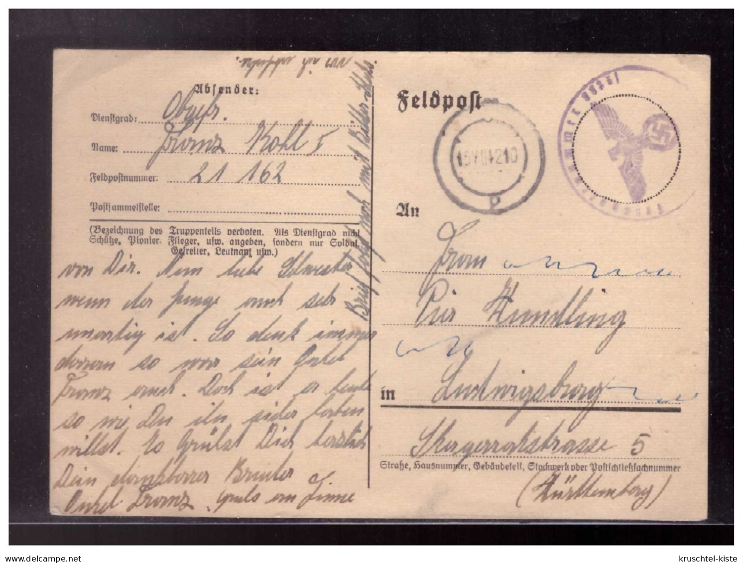 Dt- Reich (023166) Feldpostkarte Mit Stummen Stempel Gelaufen 1942 - Feldpost 2e Wereldoorlog