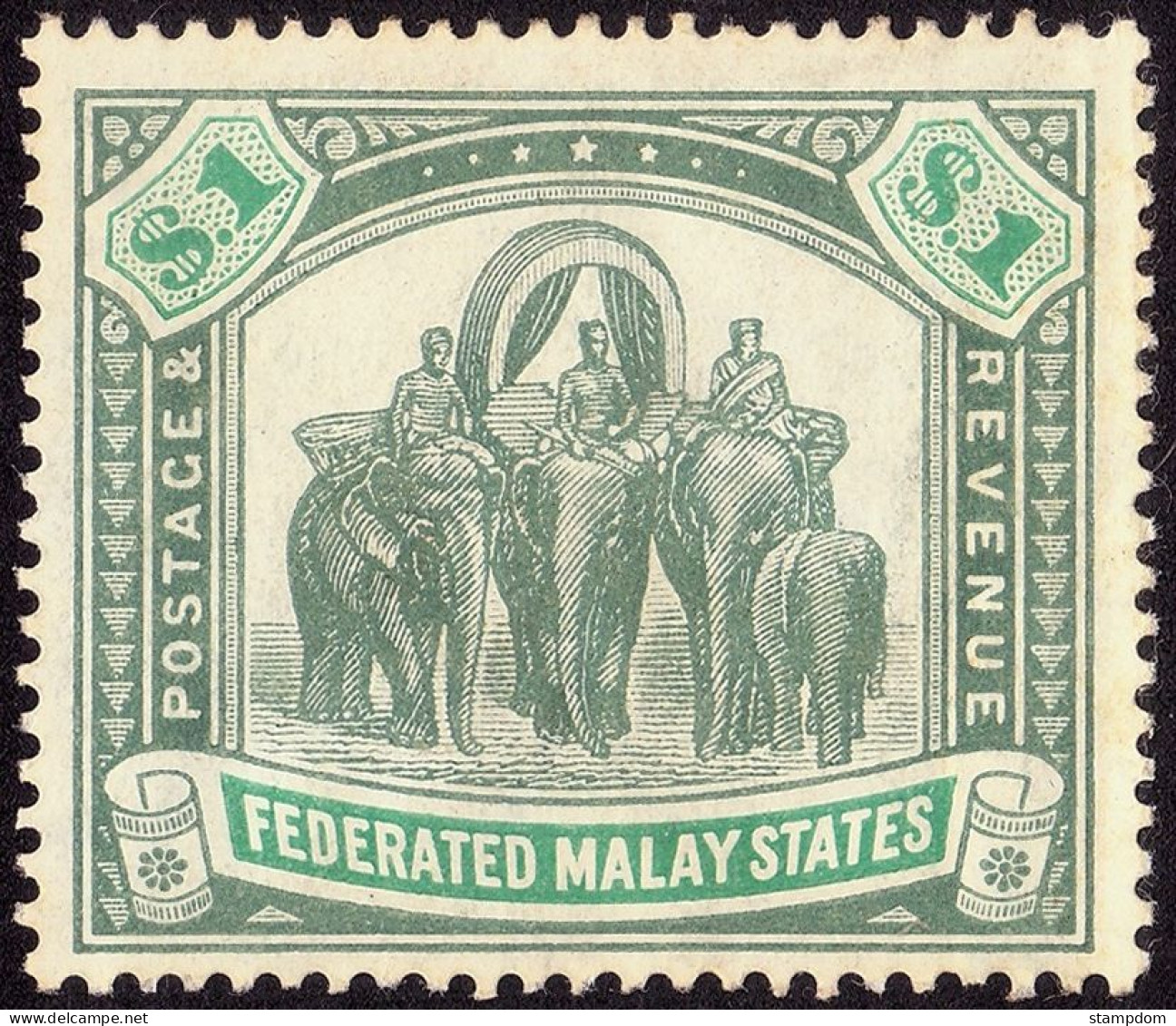 FEDERATED MALAY STATES FMS 1907 $1 Wmk.MCA Sc#34 MH--TONED Disturbed Gum @TE84 - Federated Malay States