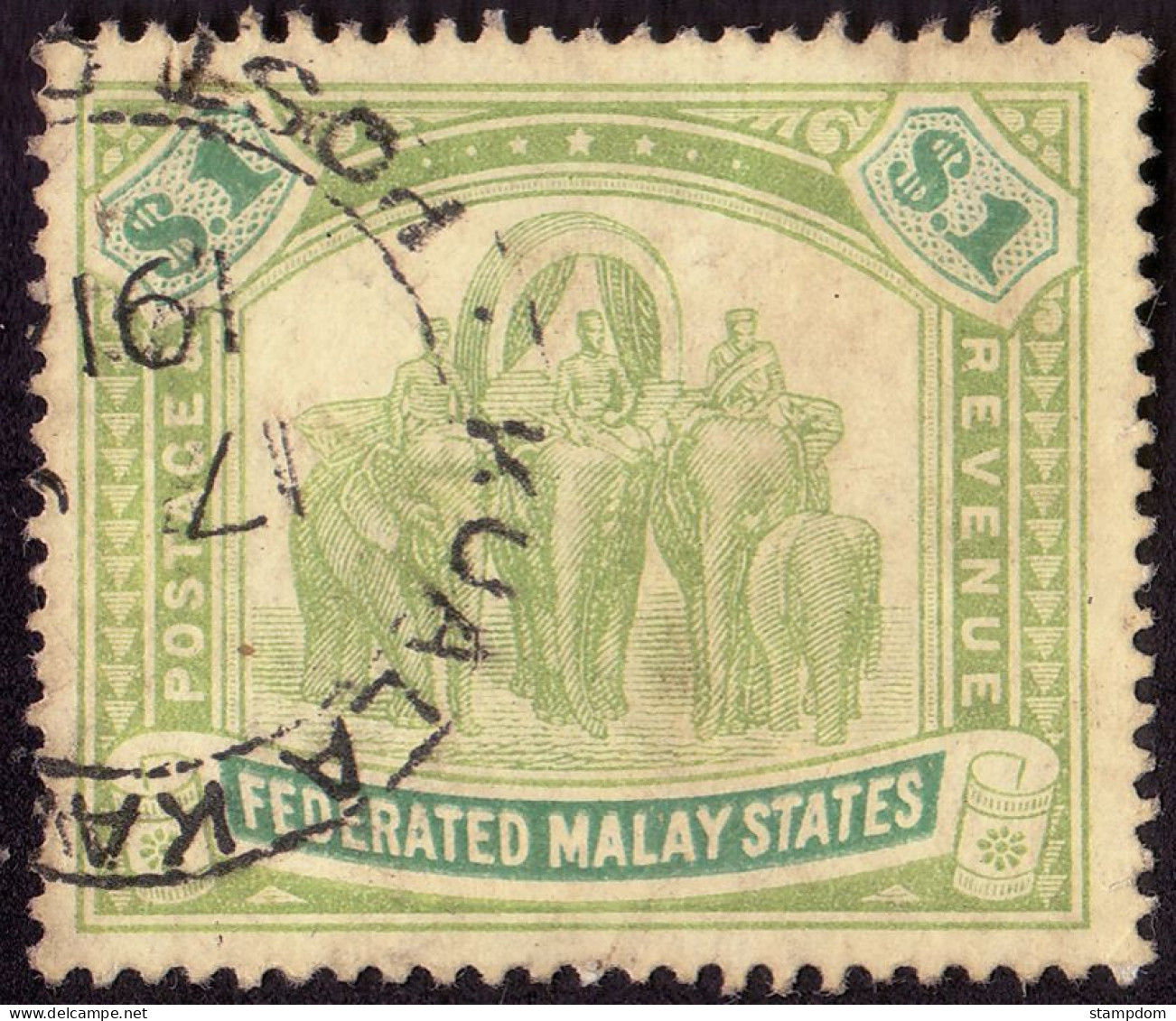 FEDERATED MALAY STATES FMS 1907 $1 Wmk.MCA Sc#34 -USED Partial KUALA KAngsar CDS @TE86 - Federated Malay States