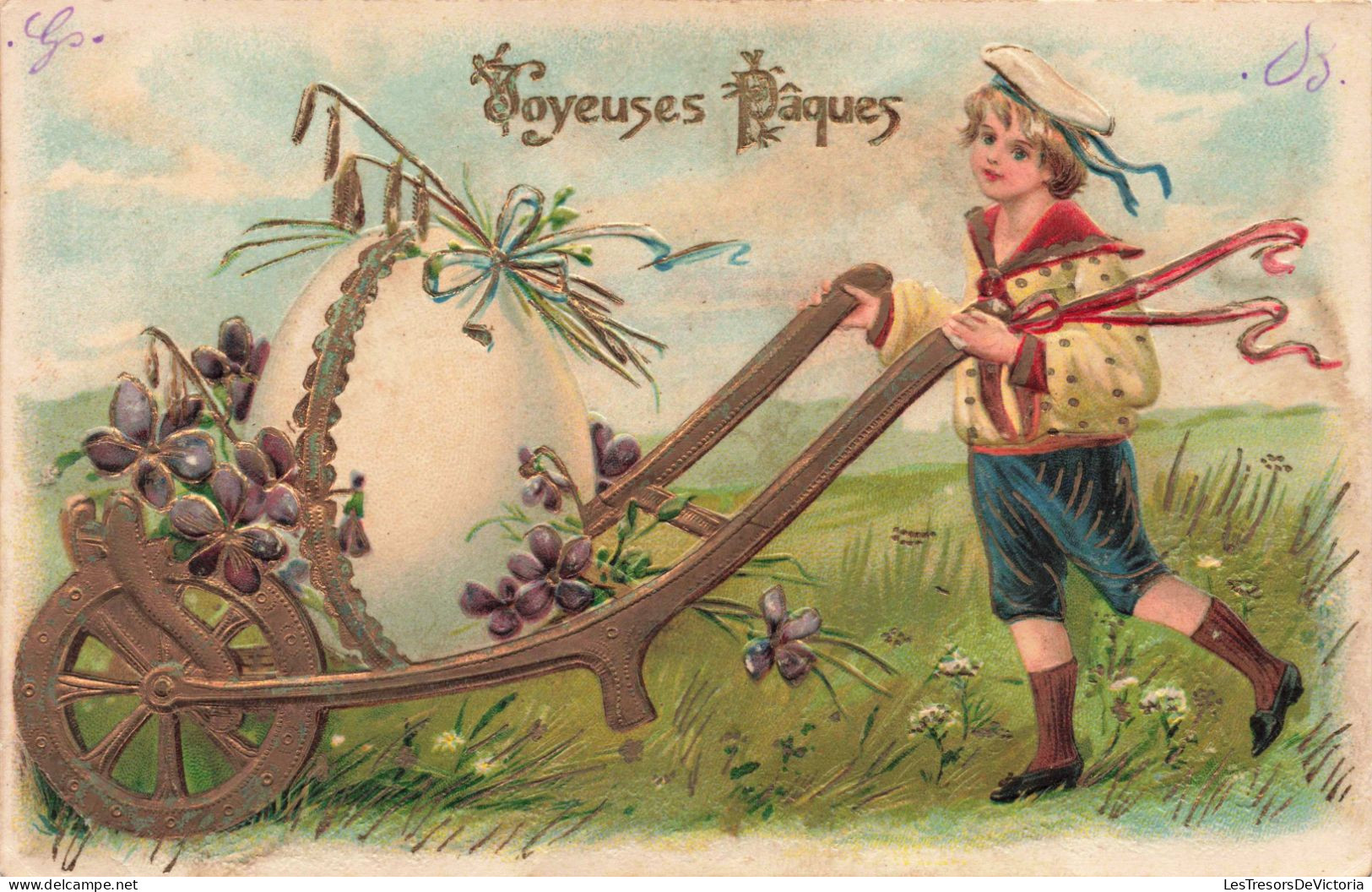 FÊTES ET VOEUX - Pâques - Un Petit Garçon Poussant Un Grand œuf - Colorisé - Carte Postale Ancienne - Ostern