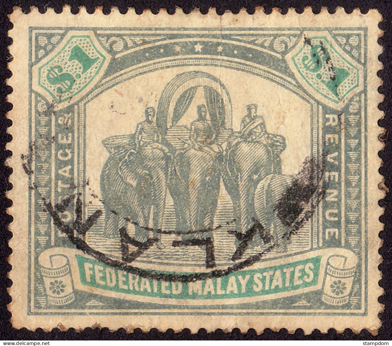 FEDERATED MALAY STATES FMS 1907 $1 Wmk.MCA Sc#34 -USED KLANG CDS @TE90 - Federated Malay States