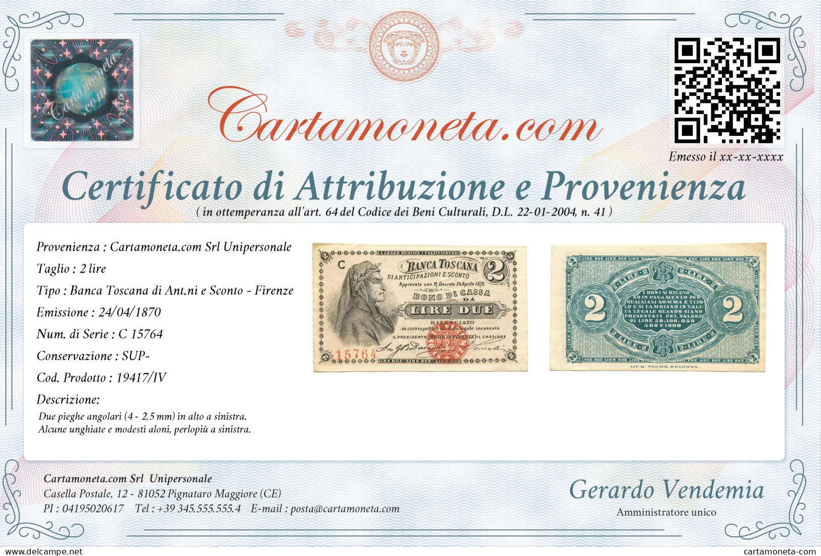 2 LIRE BANCA TOSCANA DI ANTICIPAZIONI E SCONTO FIRENZE 24/04/1870 SUP- - Other & Unclassified