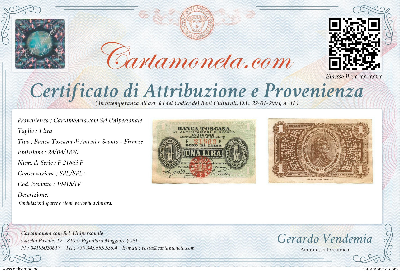 1 LIRA BANCA TOSCANA DI ANTICIPAZIONI E SCONTO FIRENZE 24/04/1870 SPL/SPL+ - Autres & Non Classés