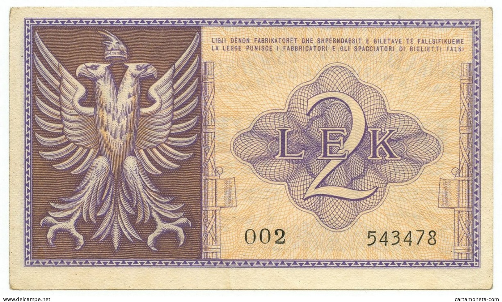 2 LEK REGNO D'ITALIA E ALBANIA BANCA NAZIONALE D'ALBANIA GENNAIO 1941 SPL- - Unclassified