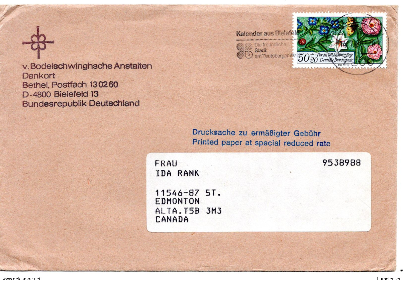 69650 - Bund - 1986 - 50Pfg WoFa '85 EF A DrucksBf Z Erm Gebuehr BIELEFELD - ... -> Edmonton, AB (Canada) - Covers & Documents