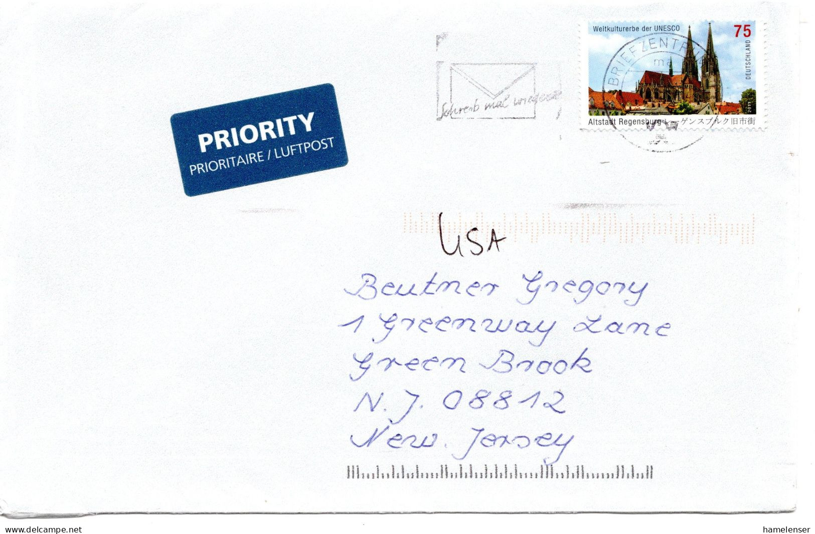 69655 - Bund - 2011 - 75c Regensburg UNESCO EF A LpBf BRIEFZENTRUM 90 - ... -> Green Brook, NJ (USA) - Storia Postale