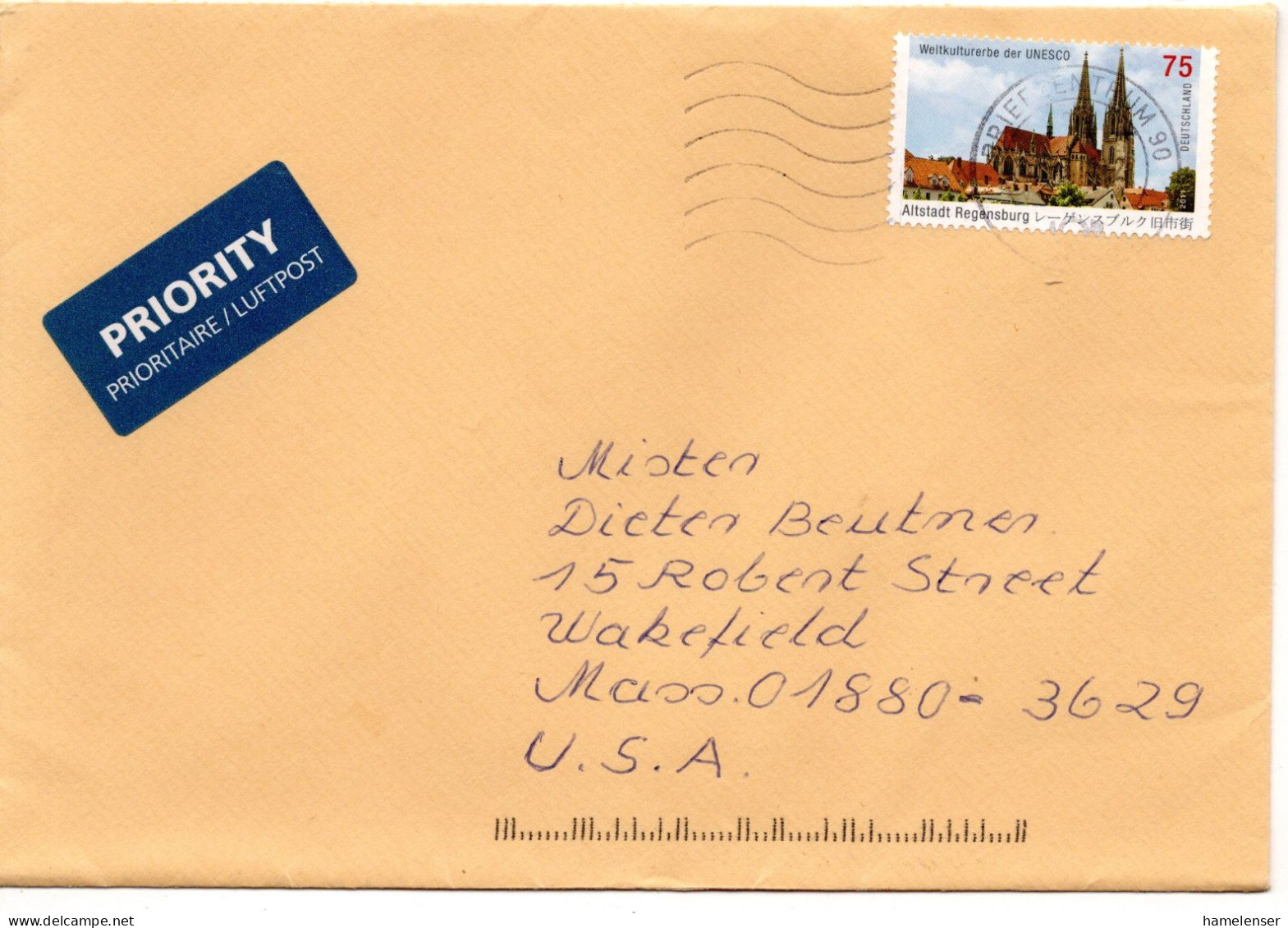 69656 - Bund - 2011 - 75c Regensburg UNESCO EF A LpBf BRIEFZENTRUM 90 - ... -> Wakefield, MA (USA) - Storia Postale