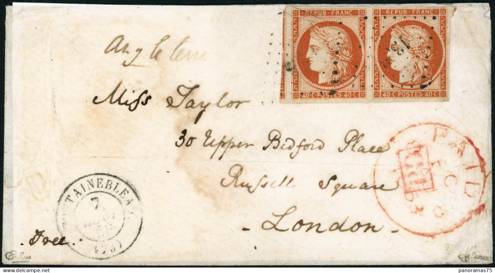 Lettre N°5a 40c Orange Vif, Paire Jolie Nuance, Obl PC 1303 S/env CàD T15 Fontainebleau 7/08/53 Pour London - TB - 1849-1850 Cérès