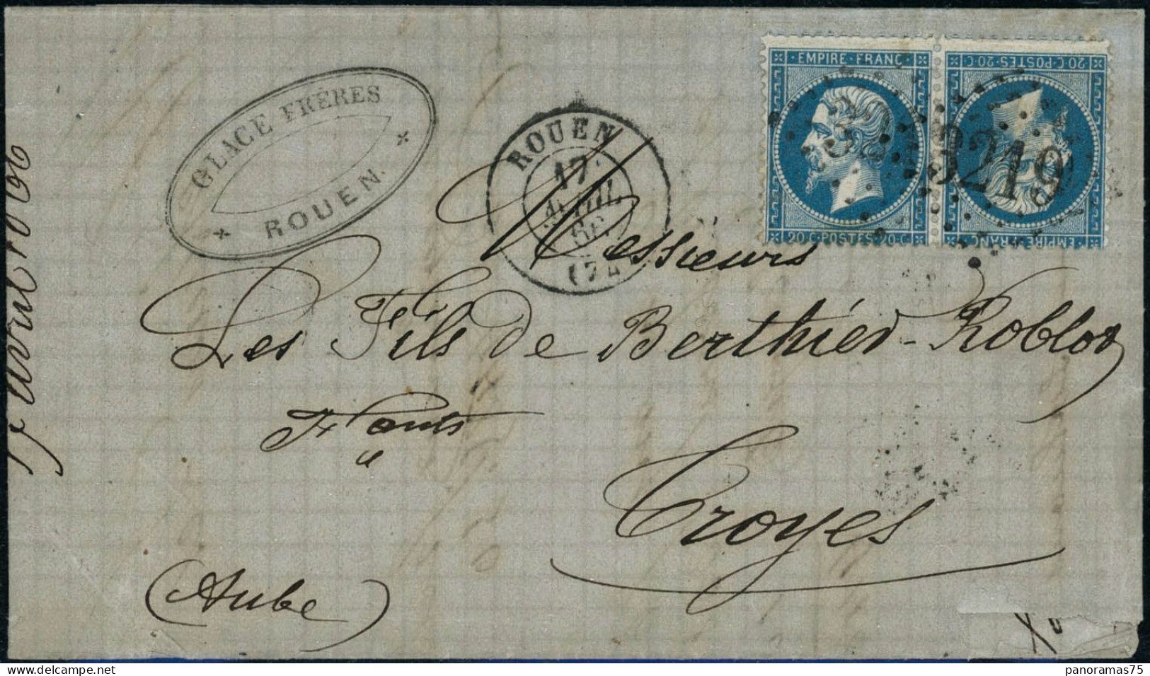 Lettre N°22b 20c Bleu, Paire Tête-bèche S/lettre Obl GC 3219 (Rouen) Pour Troyes Cachet D'arrivée Au Verso - TB - 1862 Napoleon III