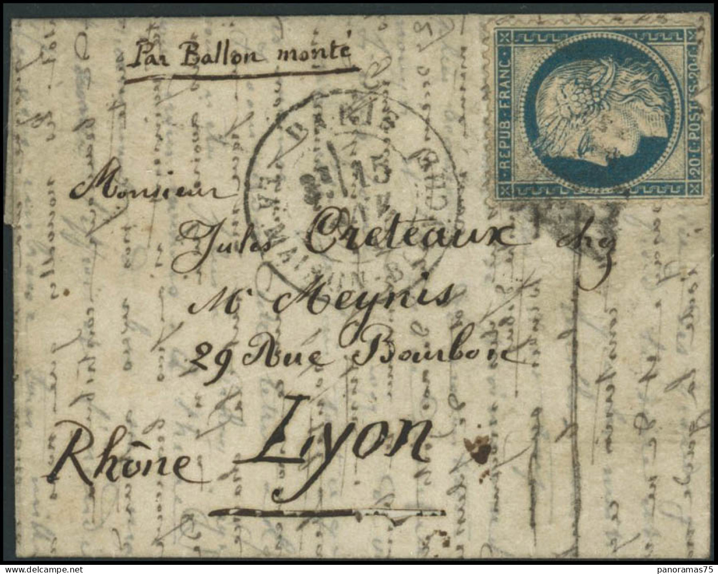 Lettre N°37 Ballon Monté La Poste De Paris 15/1/71 Pour Lyon, Cachet D'arrivée Au Verso 18/1/71 - B - 1870 Asedio De Paris